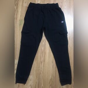 Champion Mens L Black Fleece Cargo Sweatpants Joggers Drawstring Waist Pockets